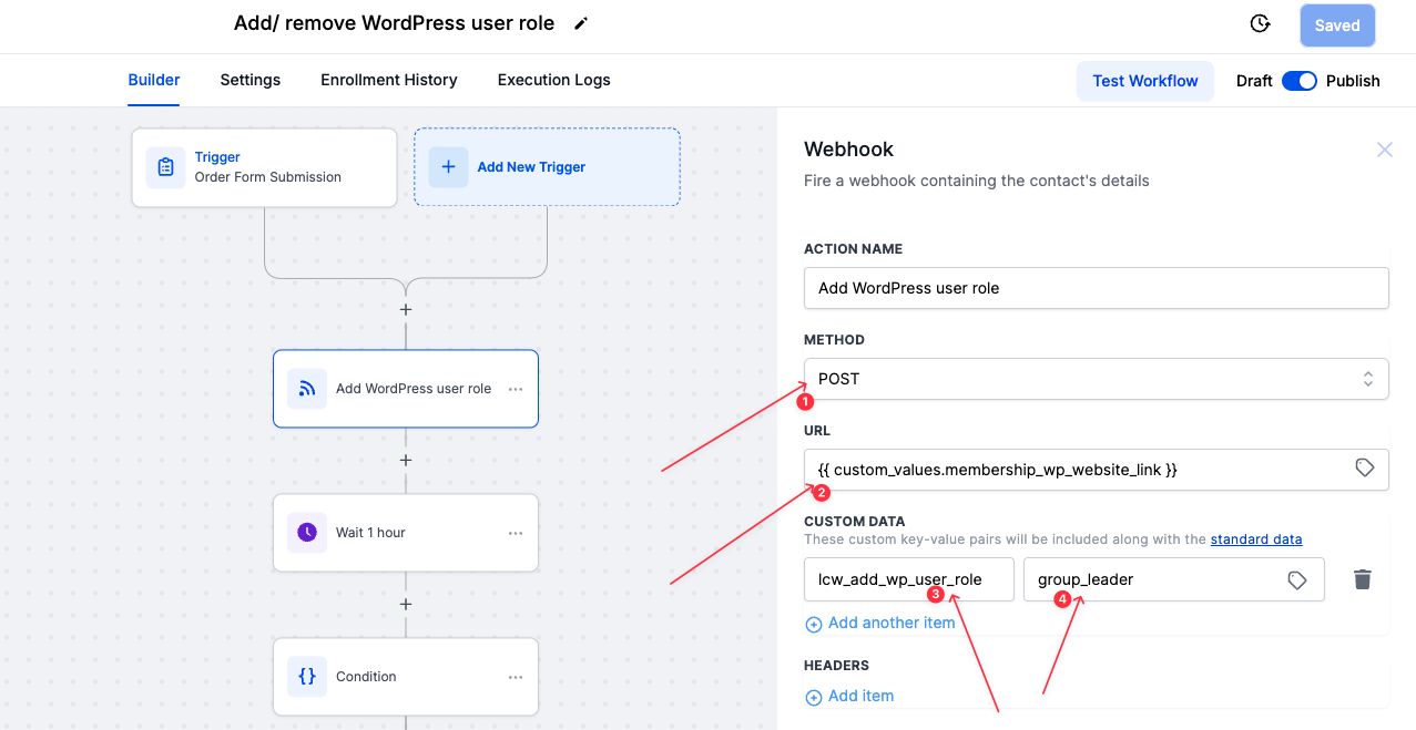 Add a user role to a WordPress user from HighLevel Workflow
