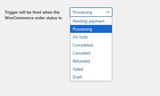 Screenshot showing WooCommerce Purchase Trigger dropdown