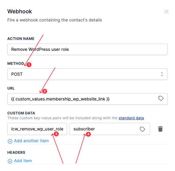 Remove a user role to a WordPress user from HighLevel Workflow